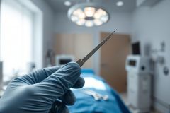 Close-up of a gloved hand holding a surgical scalpel in an operating room. The sterile environment features blue surgical drapes, medical equipment, and bright overhead lighting. A focus on precision and medical procedures. #surgery #operatingroom #medical #scalpel #healthcare
