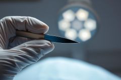 Close-up of a gloved hand holding a surgical scalpel in an operating room setting. The image features a bright surgical light in the background and a cool, sterile color palette of blues and whites, suggesting a medical procedure or surgical environment.