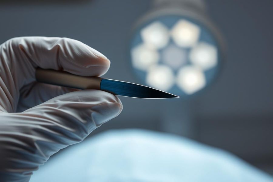 Close-up of a gloved hand holding a surgical scalpel in an operating room setting. The image features a bright surgical light in the background and a cool, sterile color palette of blues and whites, suggesting a medical procedure or surgical environment.