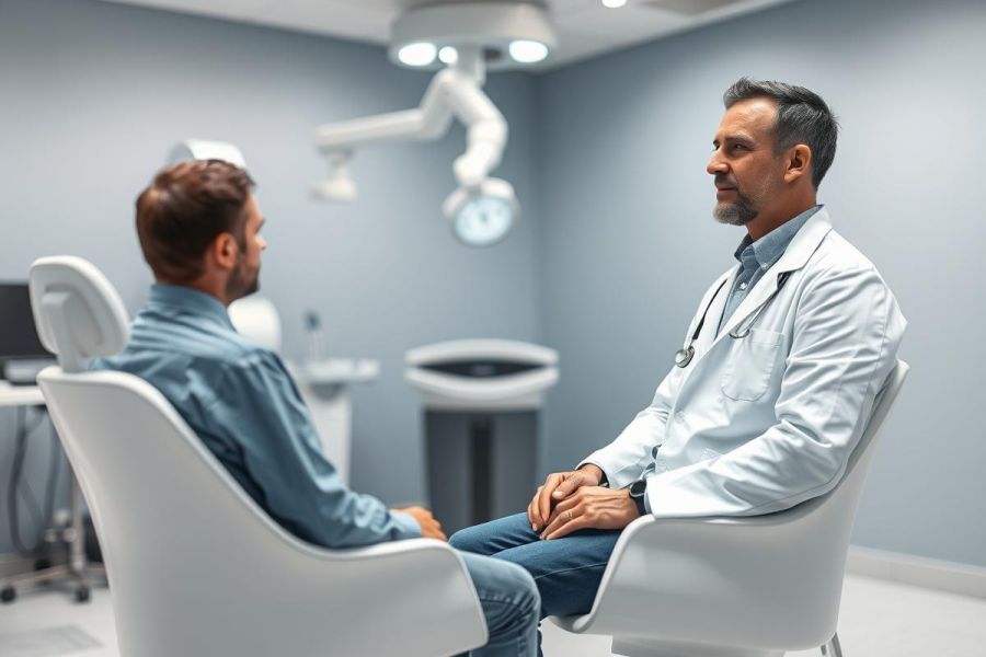 Doctor consults with patient in a modern medical clinic. The image features a healthcare professional in a white coat speaking with a man seated in a dental chair. Cool blue and gray tones create a professional, clinical environment. Focuses on healthcare, patient care, and medical consultation.