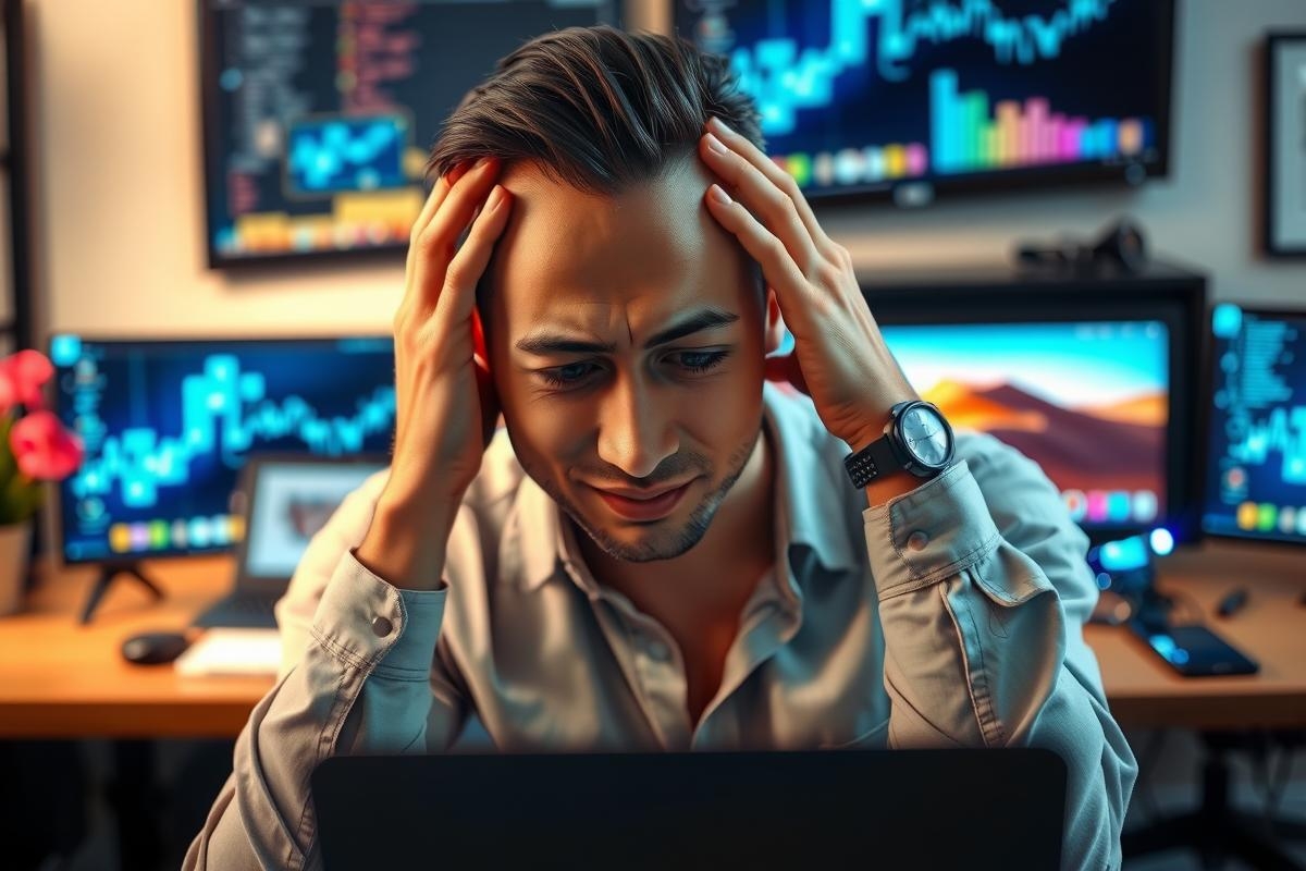 The image depicts a man sitting at a desk in front of multiple computer monitors displaying stock market data. He is holding his head and appears to be frustrated or overwhelmed by the information presented on the screens.