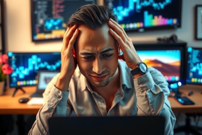 The image depicts a man sitting at a desk in front of multiple computer monitors displaying stock market data. He is holding his head and appears to be frustrated or overwhelmed by the information presented on the screens.