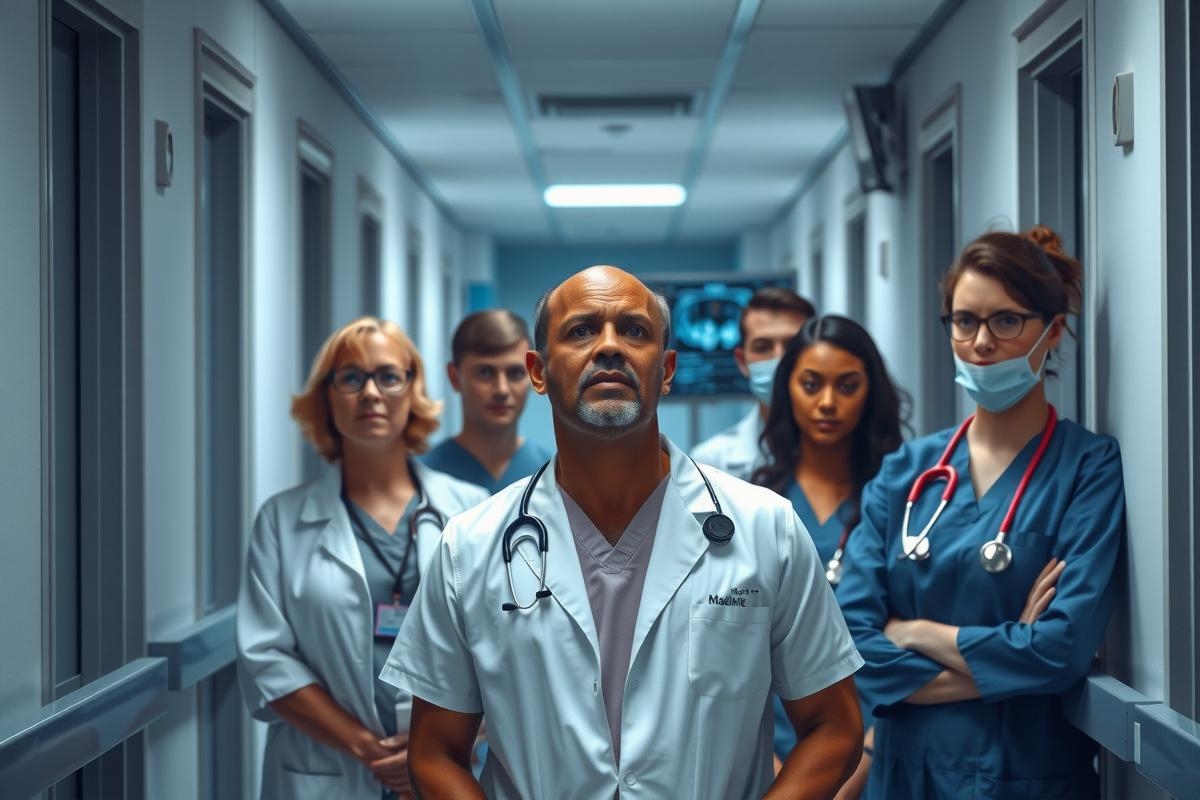 Doctors in medical scrubs standing together on a hospital ward, facing forward. The setting suggests a team of healthcare professionals.