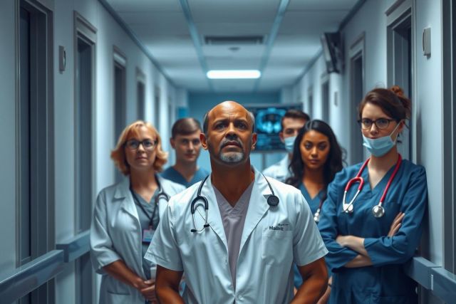 Doctors in medical scrubs standing together on a hospital ward, facing forward. The setting suggests a team of healthcare professionals.