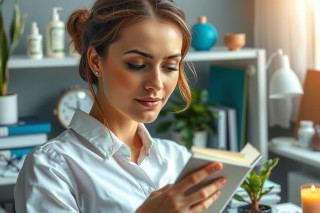A young woman in a professional workspace, reading from a tablet device. The environment suggests a modern office setting with natural light coming through the window.