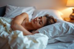 Sleeping woman in bed with sheets and pillows. She appears relaxed, comfortably resting on a large white mattress. The room is dimly lit, creating an atmosphere of tranquility.