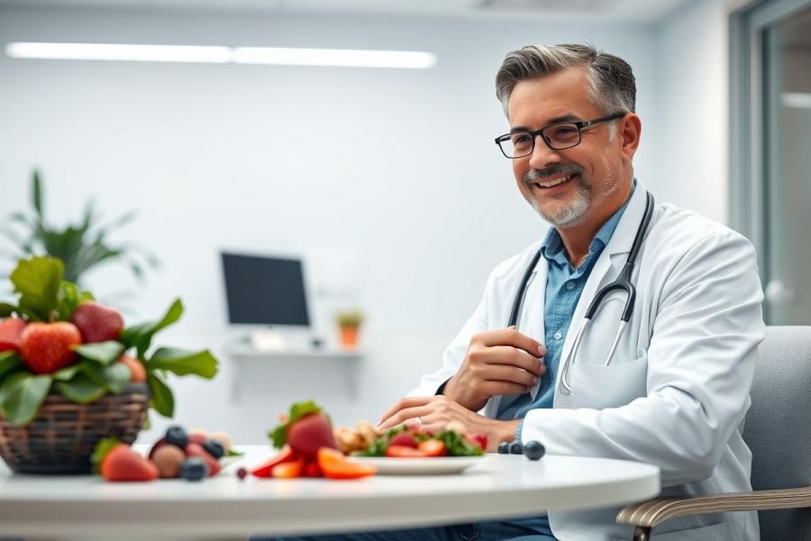 Friendly doctor in a white coat smiles near a table with fresh fruits and a healthy salad. The image depicts nutritional counseling, healthcare, and wellness in a bright, modern office setting. Focus on healthy eating and medical advice. Colors are vibrant and include greens, reds, and whites.