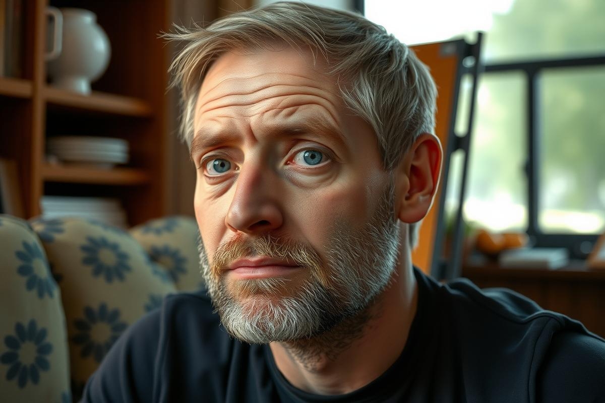 The image features a man with a beard and gray hair, wearing a dark shirt. He appears to be indoors, sitting on a couch near what seems to be an open bookcase filled with various items.