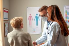 This is a photograph depicting a medical office setting. In the foreground, there are three individuals: two wearing surgical masks and one without. The woman without a mask appears to be seated and speaking with the man standing; he has his back turned towards the camera. Both individuals wearing masks seem to be listening attentively.