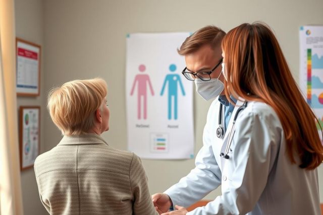 This is a photograph depicting a medical office setting. In the foreground, there are three individuals: two wearing surgical masks and one without. The woman without a mask appears to be seated and speaking with the man standing; he has his back turned towards the camera. Both individuals wearing masks seem to be listening attentively.