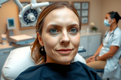 The image depicts a doctor's office setting. A woman sits in a patient chair, looking directly at the camera with a slight smile on her face, suggesting that she may be relaxed despite being in a patient chair. The doctor sits next to her, wearing protective equipment, including a surgical mask and possibly other personal protective equipment.