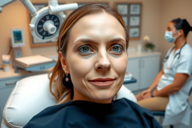 The image depicts a doctor's office setting. A woman sits in a patient chair, looking directly at the camera with a slight smile on her face, suggesting that she may be relaxed despite being in a patient chair. The doctor sits next to her, wearing protective equipment, including a surgical mask and possibly other personal protective equipment.