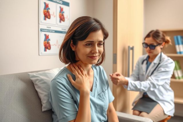 The image shows an indoor medical setting where a healthcare professional is examining a patient's neck. The patient appears to be experiencing discomfort or distress, as indicated by the hand-on-chest gesture.