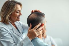 Audiologist examining a patient's hearing with a red hearing aid. The doctor in a white coat is adjusting the device. Healthcare setting with a blurred background. Focus on hearing health and medical care.