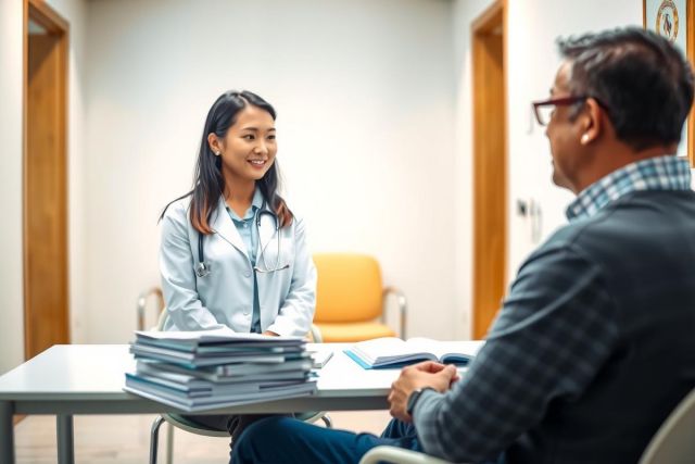 Doctor and patient in consultation. Healthcare professional discusses options with a male patient in a modern office setting. Focus on medical consultation, patient care, and professional healthcare environment.