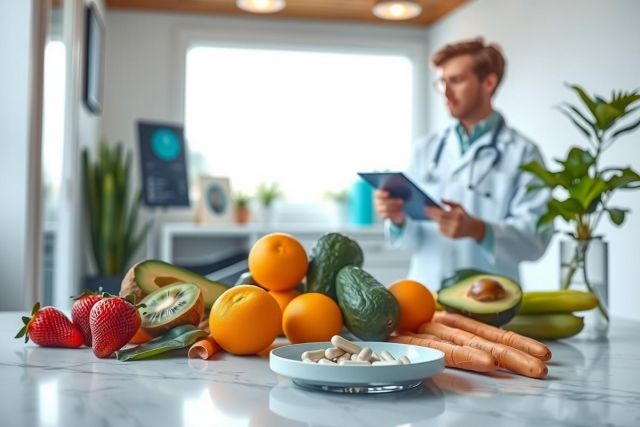 Healthy food display with strawberries, oranges, avocado, and carrots near a doctor reviewing a tablet. Focus on nutrition and wellness.