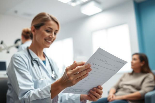 A smiling female doctor in a blue medical coat examines a patient's report in a bright, modern clinic. Healthcare professional reviewing medical records, patient consultation, medical examination, hospital setting. Blue and white color scheme.