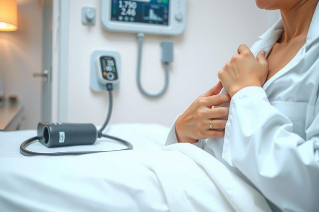 Close-up of a patient in a hospital bed, with a blood pressure cuff visible. Focus on hands and bedding, creating a medical setting feel. White and neutral color palette.