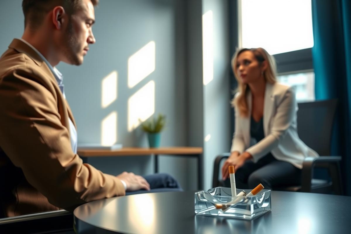 Business meeting scene. Two professionals in a modern office setting, discussing with an ashtray on the table. The image portrays a professional atmosphere with muted colors and a focus on communication.