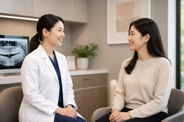 Dentist consulting with a smiling patient in a modern dental exam room beside X‑ray.
