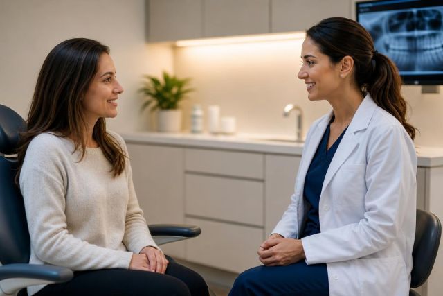 Dentist consulting smiling patient in a modern dental operatory with dental X-ray visible.
