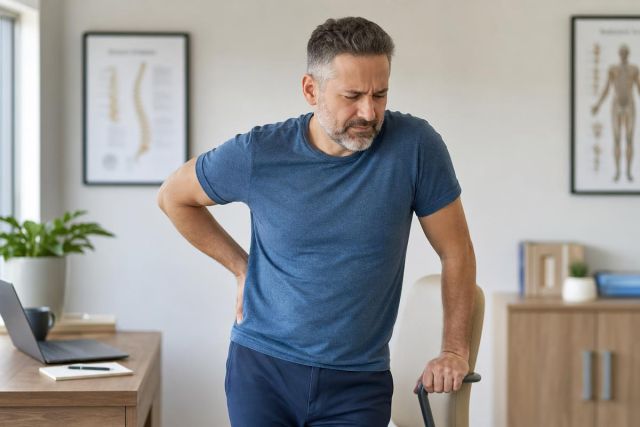 Middle-aged man in clinic office holding his hip in pain, anatomical posters visible.
