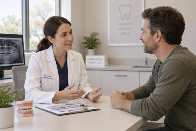 Dentist consulting with adult patient at clinic desk, dental x-ray and model visible.