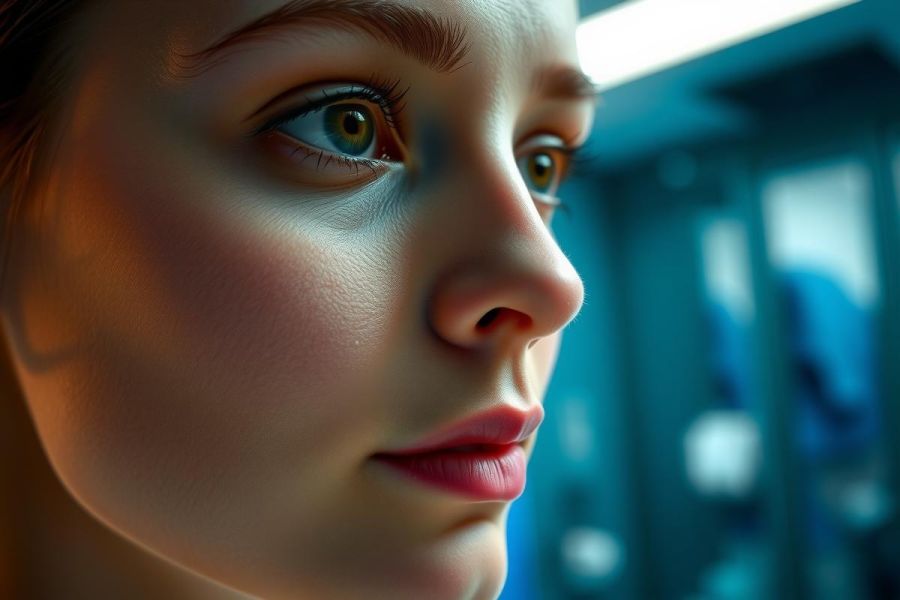Close-up portrait of a woman with striking blue eyes and red lips. Dramatic lighting, dark background, creating a moody, artistic vibe. Focus on beauty and expression.