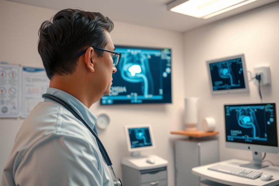 Doctor examining a brain scan on a computer monitor in a medical office. Diagnostic imaging, healthcare professional, medical technology, radiology, and diagnostic tools are visible.