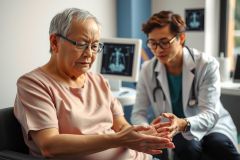Doctor examines patient's hands in a clinical setting. The patient sits and displays their hands while the doctor, wearing a white coat and stethoscope, observes. Medical examination and healthcare concept.