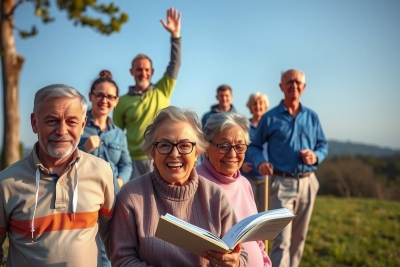 In the image, there is a group of people gathered outdoors during daylight. Some individuals appear to be elderly adults, and they are engaged in reading books while others look on with interest. The environment appears serene with grassy areas and trees nearby. It seems like a pleasant day for outdoor activities.