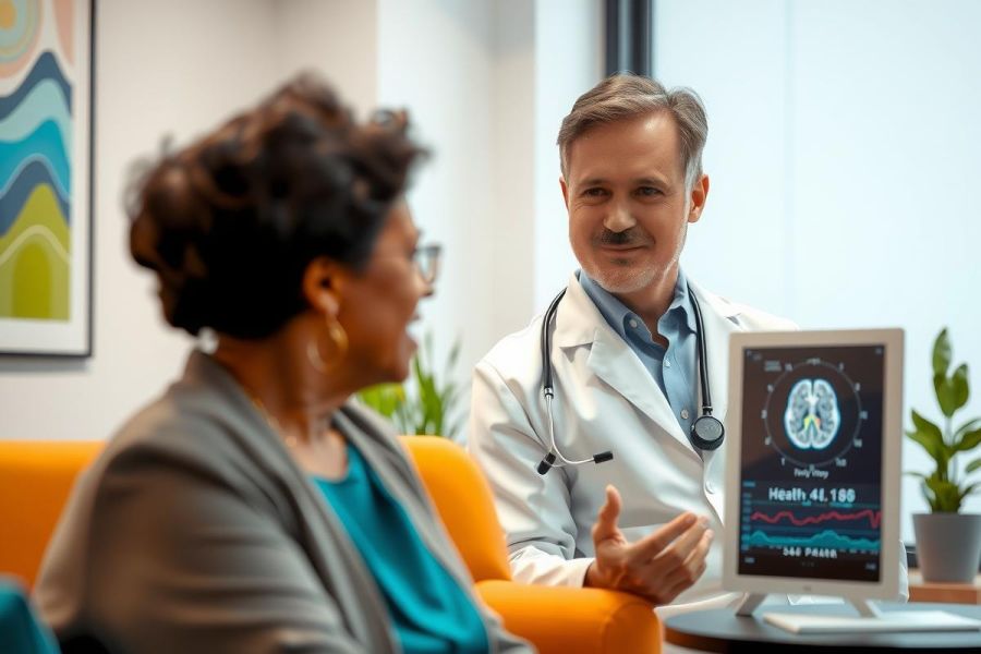 Doctor discussing results with a patient in a modern clinic setting. White coat, medical equipment, and a focus on healthcare consultation are visible.