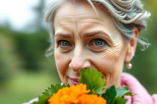 An elderly woman with gray hair is the focal point of this image. She's holding a bouquet of colorful flowers near her face, seemingly inhaling their scent. 