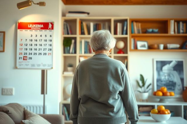 The image shows an elderly person standing in a living room, looking at a wall calendar with red text. The individual appears to be contemplating the date on the calendar or considering some activity for that day.