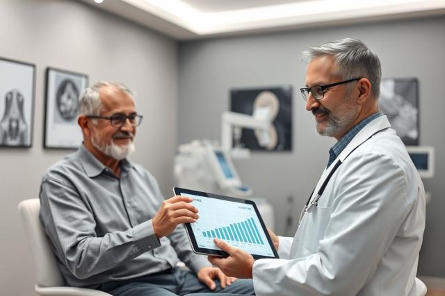 Doctor consults with senior patient in a modern medical clinic. The healthcare professional presents data on a tablet, discussing results. Focus on patient care, medical technology, and senior health in a clean, gray-toned environment. 
