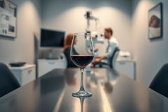 A glass of red wine sits on a table in a modern dental office. Blurred background shows a dentist examining a patient. Cool blue and gray tones with a warm red highlight from the wine. Healthcare, dental practice, relaxation, and wine concept.