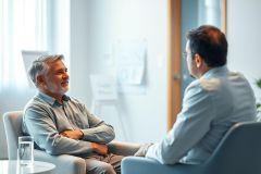 Two men in a modern office setting having a discussion. One man smiles, engaging in a business meeting or counseling session. Cool blue and gray tones dominate the professional environment.