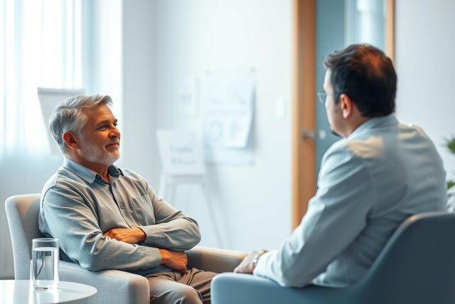 Two men in a modern office setting having a discussion. One man smiles, engaging in a business meeting or counseling session. Cool blue and gray tones dominate the professional environment.