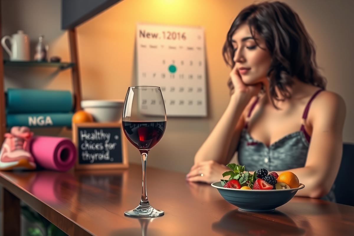 In the image, a woman is seated at a bar with a glass of red wine in front of her. She appears to be lost in thought, looking away from the camera towards something out of frame. There's a calendar on the wall behind her, suggesting that it might be an indoor setting like a cafe or restaurant. A plate of fruit is also visible next to the glass, adding a touch of color and freshness to the scene.