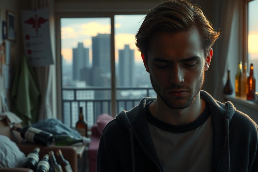The image features a young man with short brown hair sitting in what appears to be an indoor setting, possibly a loft or studio. He is dressed casually in a gray hoodie and white t-shirt. His gaze is directed downwards and his expression is contemplative. 