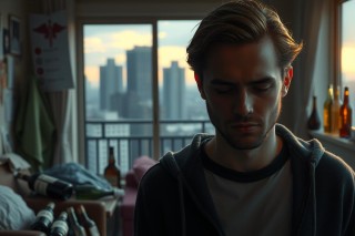 The image features a young man with short brown hair sitting in what appears to be an indoor setting, possibly a loft or studio. He is dressed casually in a gray hoodie and white t-shirt. His gaze is directed downwards and his expression is contemplative. 