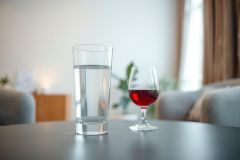 Still life featuring a glass of red wine and a glass of water on a table. Warm lighting and a blurred background create a cozy, inviting atmosphere.