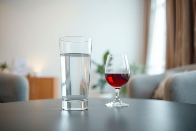 Still life featuring a glass of red wine and a glass of water on a table. Warm lighting and a blurred background create a cozy, inviting atmosphere.