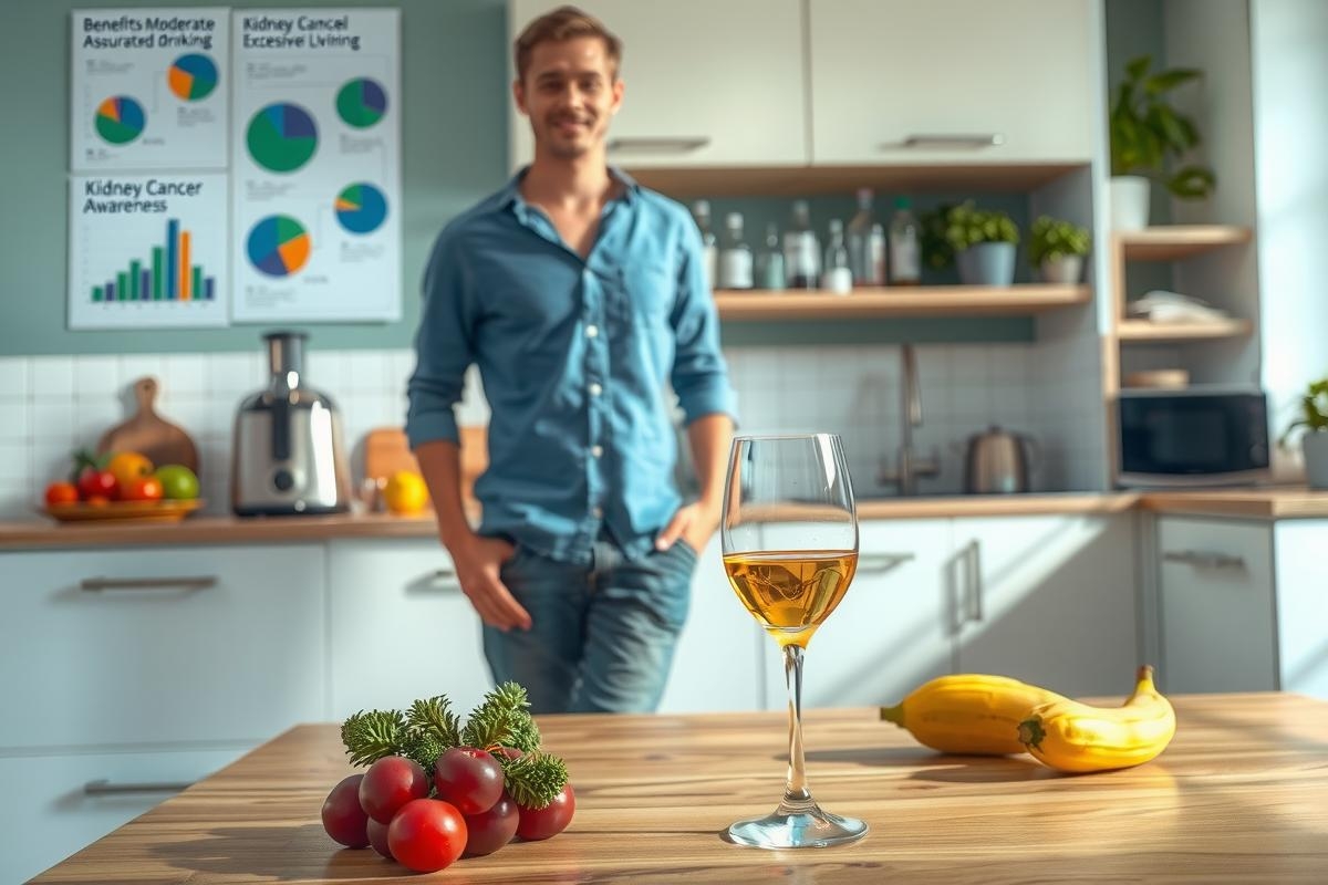 The image shows a young man standing in an open kitchen environment. He is holding a glass of wine, and there are various fruits, including bananas and apples, on the countertop behind him.