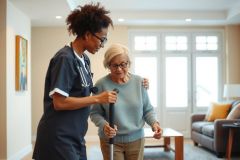 A healthcare worker assists an elderly woman with walking using a cane in a bright living room. The scene portrays caregiving, senior support, and assisted living.