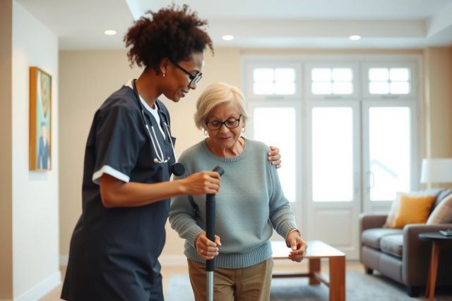 A healthcare worker assists an elderly woman with walking using a cane in a bright living room. The scene portrays caregiving, senior support, and assisted living.