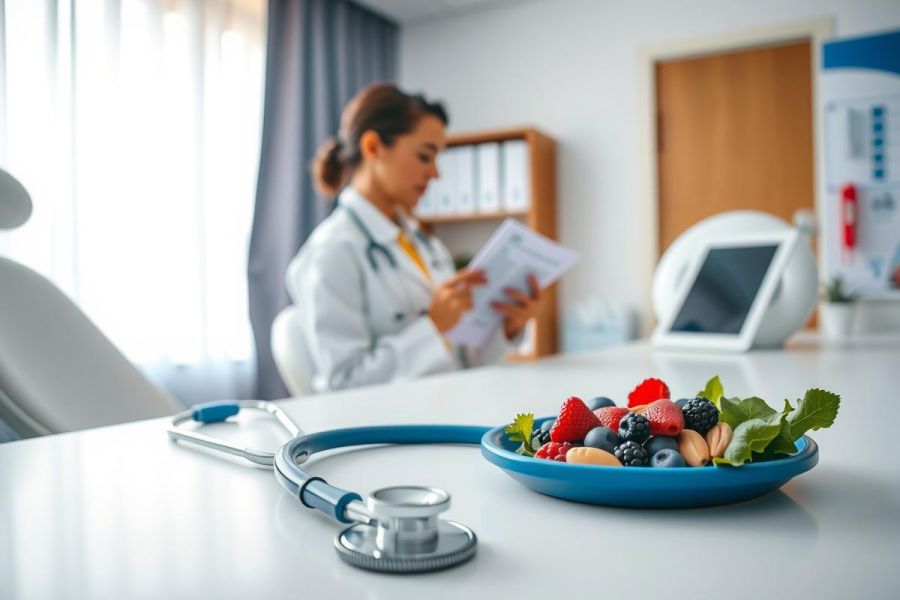 Doctor reviewing patient records with a plate of fresh berries nearby. Healthcare setting with medical equipment visible. Blue stethoscope and white lab coat suggest a focus on wellness and patient care.