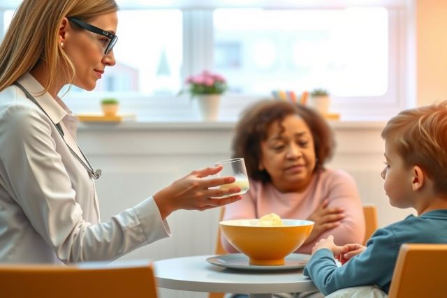 Doctor offering a glass of water to a patient and child during a medical consultation. Warm lighting highlights a friendly, healthcare setting.