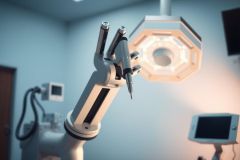 Operating room with medical equipment. Bright surgical lamp illuminates the scene, alongside a monitor. Sterile environment, likely a hospital setting. Focus on medical technology and healthcare.