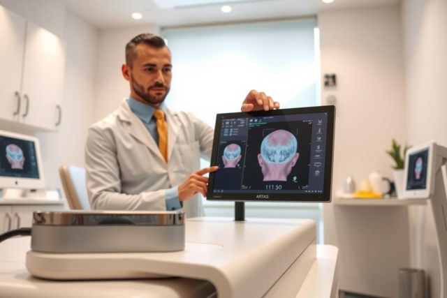 Doctor examines a brain scan on a monitor in a modern medical office. The image shows a professional setting with advanced diagnostic equipment and highlights neurological health.